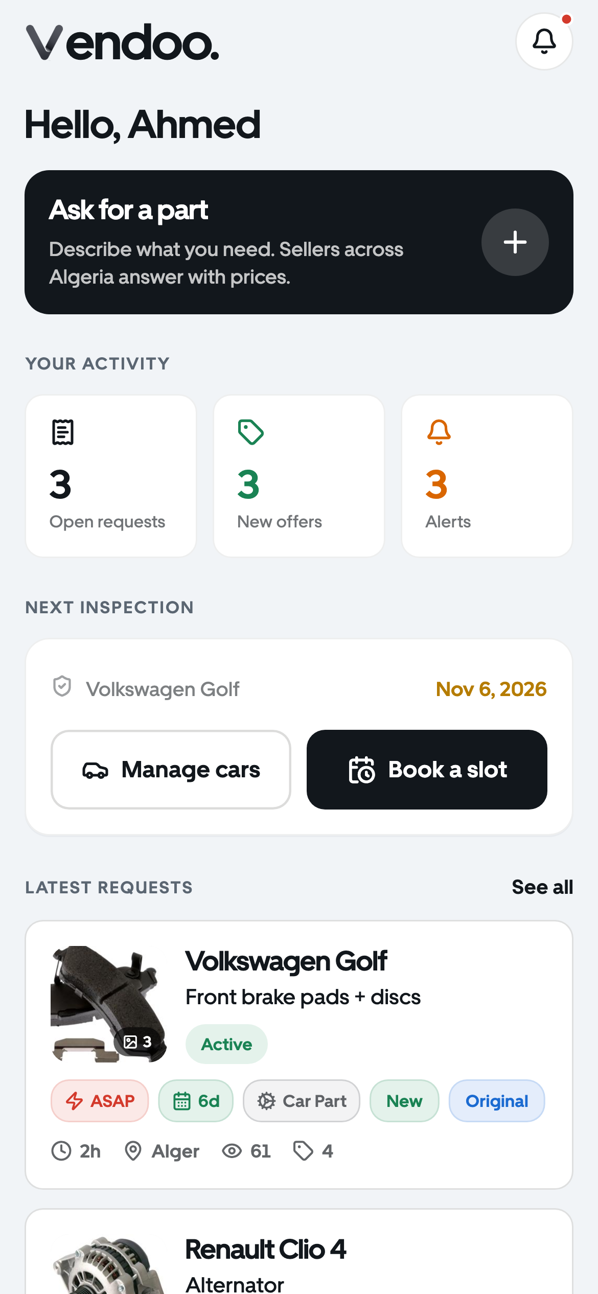 The Vendoo home screen, with Ask for a part at the top