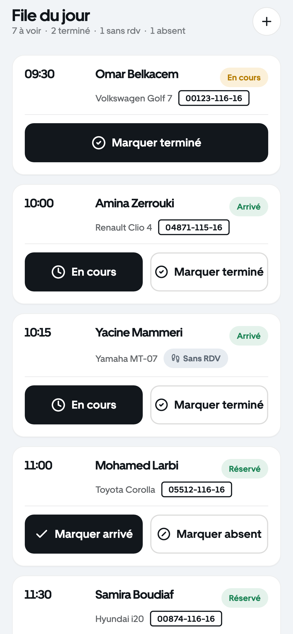 La file du jour d’un centre, avec les arrivées et les réservations